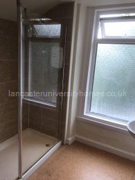 Bathroom with huge walk-in shower, basin and toilet. 