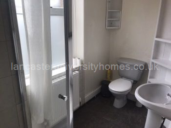 Bigger bathroom with shower, basin and toilet. 